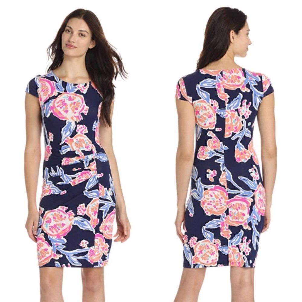 Lilly Pulitzer KYRA Dress Navy Floral Ruched Fitted Cap Sleeve Sz XSmall